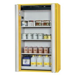 asecos Armoire à portes pliantes ignifuge 90 minutes pour produits dangereux, semi-automatique, avec 3 tablettes, jaune or