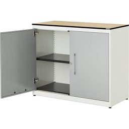 mauser Armoire à portes battantes, h x l 818 x 1000 mm, plateau à noyau plein en stratifié HPL, 1 tablette, blanc pur / aluminium / érable
