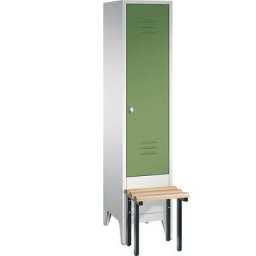 C+P Vestiaire CLASSIC avec banc frontal, 1 compartiment, largeur compartiment 400 mm, gris clair / vert réséda