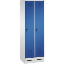 C+P Armoire de rangement sur socle EVOLO, 2 compartiments, largeur compartiments 300 mm, avec 8 tablettes, gris clair / bleu gentiane