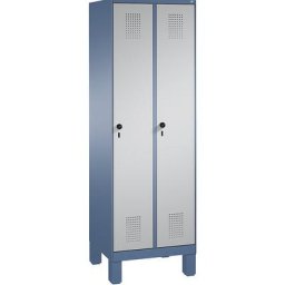 C+P Armoire de rangement sur pieds EVOLO, 2 compartiments, largeur compartiments 300 mm, avec 8 tablettes, bleu distant / aluminium