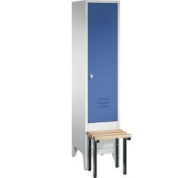 C+P Vestiaire CLASSIC avec banc frontal, 1 compartiment, largeur compartiment 400 mm, gris clair / bleu gentiane