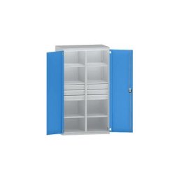 eurokraft pro Armoire pour charges lourdes en acier, 6 tablettes, 6 tiroirs hauteur 120 mm, gris clair / bleu clair