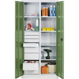 C+P Armoire d'atelier en tôle d'acier, 6 tablettes, 8 tiroirs, h x l x p 1950 x 930 x 500 mm, porte vert réséda, corps gris clair