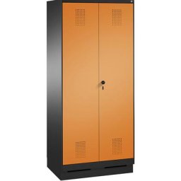 C+P Armoire de rangement sur socle EVOLO, à portes fermant l'une contre l'autre, 2 compartiments, largeur compartiments 400 mm, avec 8 tablettes, gris noir / orange jaune