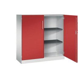 C+P Armoire à portes battantes ASISTO, hauteur 1292 mm, largeur 1200 mm, 2 tablettes, gris clair / rouge feu