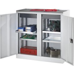 eurokraft pro Armoire à outils, 2 tiroirs, 4 tablettes, 1 cloison médiane, portes gris clair