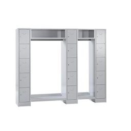 Wolf Vestiaires à penderie ouverte, 15 casiers externes / centraux, 15 cintres, largeur h.t. 2220 mm, largeur tablettes 298 mm, gris clair