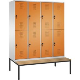 C+P Penderie EVOLO à deux étages, avec banc, 4 compartiments, 2 casiers chacun, largeur compartiments 400 mm, gris clair / orange jaune
