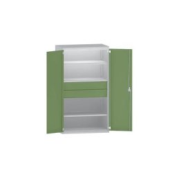 eurokraft pro Armoire pour charges lourdes en acier, 3 tablettes, 2 tiroirs hauteur 180 mm, gris clair / vert réséda