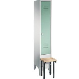 C+P Vestiaire CLASSIC avec banc frontal, 1 compartiment, largeur compartiment 300 mm, gris clair / vert clair