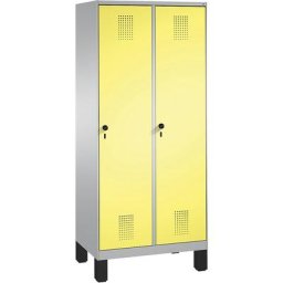 C+P Armoire de rangement sur pieds EVOLO, 2 compartiments, largeur compartiments 400 mm, avec 8 tablettes, aluminium / jaune soufre