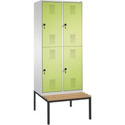 C+P Penderie EVOLO à deux étages, avec banc, 2 compartiments, 2 casiers chacun, largeur compartiments 400 mm, gris clair / vert