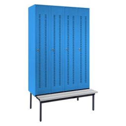 Wolf Vestiaire avec banc monté en dessous, portes en tôle perforée, largeur compartiments 300 mm, 4 compartiments, bleu clair