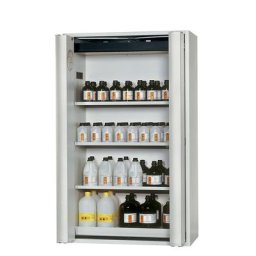 asecos Armoire à portes pliantes ignifuge 90 minutes pour produits dangereux, semi-automatique, avec 3 tablettes, gris clair