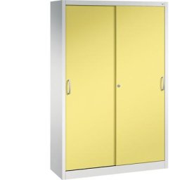 C+P Armoire à portes coulissantes ACURADO, 3 tablettes, 2 casiers verrouillables, h x l x p 1950 x 1200 x 400 mm, gris clair / jaune soufre