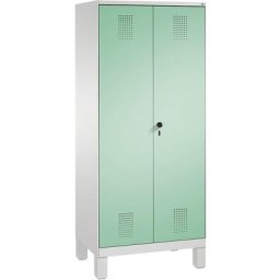 C+P Armoire de rangement sur pieds EVOLO, à portes fermant l'une contre l'autre, 2 compartiments, 8 tablettes, largeur compartiments 400 mm, gris clair / vert clair