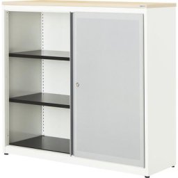 mauser Armoire à portes coulissantes, à effet acoustique, plateau en plastique, h x l x p 1180 x 1200 x 432 mm, 2 tablettes, blanc pur / aluminium / érable