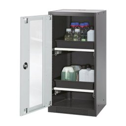 asecos Armoire de laboratoire pour produits chimiques, 1 porte, mi-hauteur, 2 tablettes coulissantes, avec vitre, gris