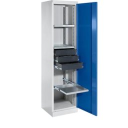 eurokraft pro Armoire d'atelier, largeur 500 mm, 3 tablettes coulissantes, 3 tiroirs, porte bleu gentiane