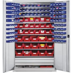 eurokraft pro Armoire grande capacité en tôle d'acier, avec 9 tablettes, 152 bacs à bec et 3 tiroirs, corps et portes gris clair