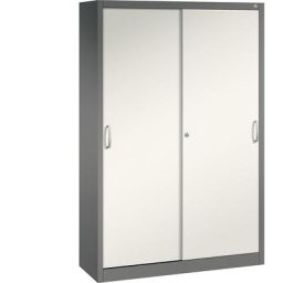 C+P Armoire à portes coulissantes ACURADO, 3 tablettes, 2 casiers verrouillables, h x l x p 1950 x 1200 x 400 mm, gris volcan / blanc perle