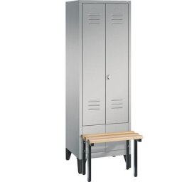 C+P Penderie CLASSIC avec banc frontal et portes fermant l'une contre l'autre, 2 compartiments, largeur compartiments 300 mm, aluminium