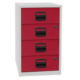 BISLEY Caisson hauteur bureau PFA, 4 tiroirs universels, gris clair / rouge cardinal