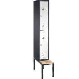C+P Penderie CLASSIC avec banc inférieur, à deux étages, 1 compartiment, avec 2 casiers, largeur compartiment 300 mm, gris noir / blanc trafic
