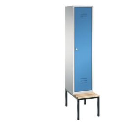 C+P Vestiaire CLASSIC avec banc monté en dessous, 1 compartiment, largeur compartiment 400 mm, gris clair / bleu clair