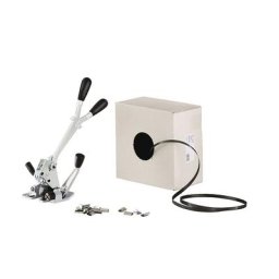Kit de cerclage, feuillard en polypropylène, tendeur-sertisseur, feuillard dans un carton distributeur, chapes, largeur feuillard 16 mm