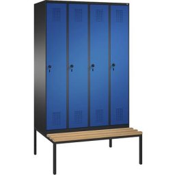C+P Penderie EVOLO avec banc, 4 compartiments, largeur compartiments 300 mm, gris noir / bleu gentiane