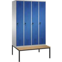 C+P Penderie EVOLO avec banc, 4 compartiments, largeur compartiments 300 mm, aluminium / bleu gentiane