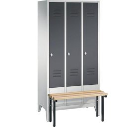 C+P Vestiaire CLASSIC avec banc frontal, 3 compartiments, largeur compartiments 300 mm, gris clair / gris noir