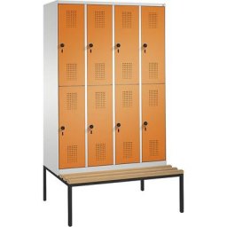 C+P Penderie EVOLO à deux étages, avec banc, 4 compartiments, 2 casiers chacun, largeur compartiments 300 mm, gris clair / orange jaune