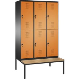 C+P Penderie EVOLO à deux étages, avec banc, 3 compartiments, 2 casiers chacun, largeur compartiments 400 mm, gris noir / orange jaune