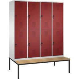 C+P Penderie EVOLO à deux étages, avec banc, 4 compartiments, 2 casiers chacun, largeur compartiments 400 mm, gris clair / rouge rubis