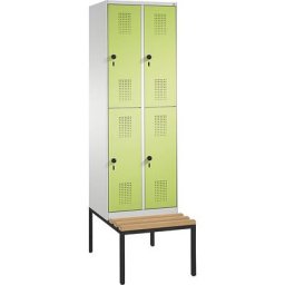 C+P Penderie EVOLO à deux étages, avec banc, 2 compartiments, 2 casiers chacun, largeur compartiments 300 mm, gris clair / vert