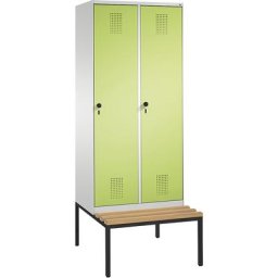 C+P Penderie EVOLO avec banc, 2 compartiments, largeur compartiments 400 mm, gris clair / vert