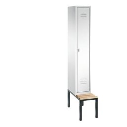 C+P Vestiaire CLASSIC avec banc monté en dessous, 1 compartiment, largeur compartiment 300 mm, blanc trafic