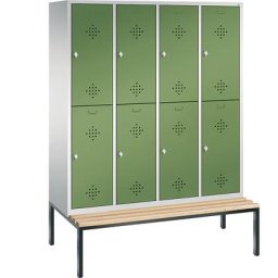 C+P Penderie CLASSIC avec banc inférieur, à deux étages, 4 compartiments, 2 casiers chacun, largeur compartiments 400 mm, gris clair / vert réséda