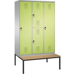 C+P Armoire combinée EVOLO, à un ou deux étages, avec banc, 3 compartiments, 4 portes, largeur compartiments 400 mm, aluminium / vert
