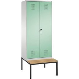 C+P Penderie EVOLO à portes fermant l'une contre l'autre, avec banc, 2 compartiments, largeur compartiments 400 mm, gris clair / vert clair