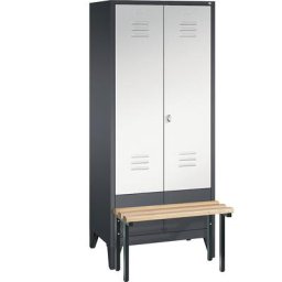 C+P Penderie CLASSIC avec banc frontal et portes fermant l'une contre l'autre, 2 compartiments, largeur compartiments 400 mm, gris noir / gris clair