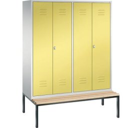 C+P Penderie CLASSIC avec banc inférieur et portes fermant l'une contre l'autre, 4 compartiments, largeur compartiments 400 mm, gris clair / jaune soufre
