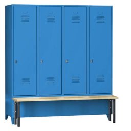 Wolf Vestiaire avec banc frontal, portes à parois pleines, largeur compartiments 400 mm, 4 compartiments, bleu clair