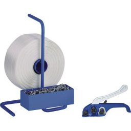 Kit de cerclage, feuillard en PETP tissé, tendeur, dérouleur de bobine portable, feuillard, boucles métalliques, largeur feuillard 25 mm
