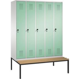 C+P Penderie EVOLO avec banc, 5 compartiments, largeur compartiments 300 mm, gris clair / vert clair