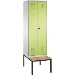 C+P Penderie EVOLO à portes fermant l'une contre l'autre, avec banc, 2 compartiments, largeur compartiments 300 mm, gris clair / vert