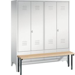 C+P Penderie CLASSIC avec banc frontal et portes fermant l'une contre l'autre, 4 compartiments, largeur compartiments 400 mm, gris clair